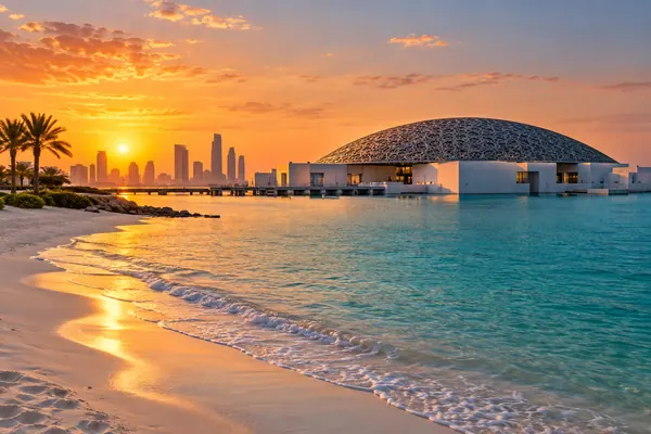 AI-generated illustration of a beach and a lattice-domed museum on Saadiyat Island at golden hour