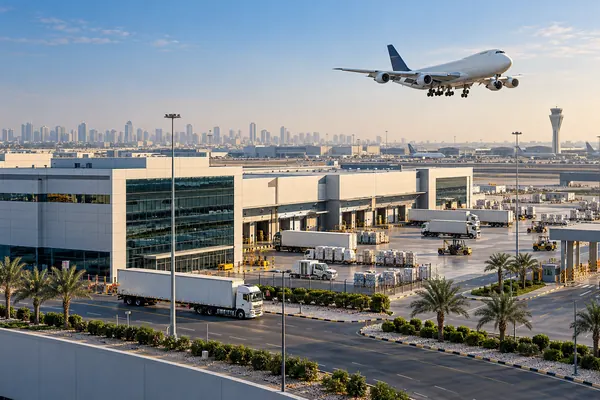 AI-generated illustration of warehouses and a cargo aircraft landing at SAIF Zone, Sharjah