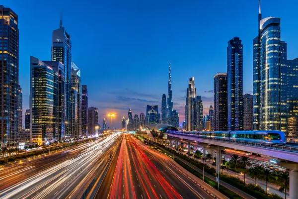 AI-generated illustration of Sheikh Zayed Road in Dubai at dusk with light trails and skyscrapers