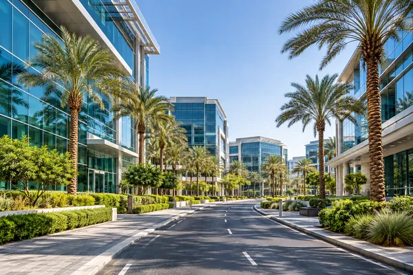 AI-generated illustration of a modern technology campus with glass offices and palms