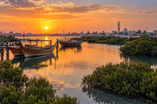 AI-generated illustration of the Umm Al Quwain lagoon with mangroves and dhow boats at sunset
