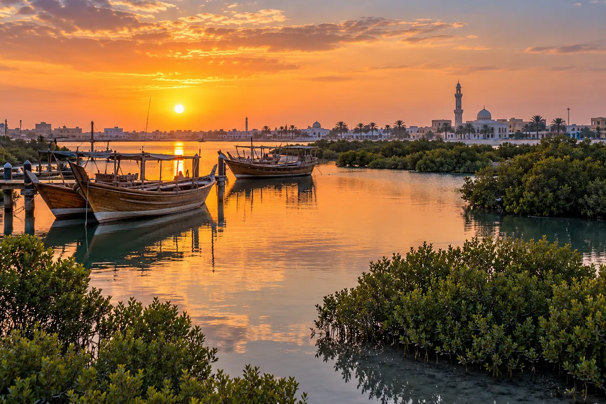 AI-generated illustration of the Umm Al Quwain lagoon with mangroves and dhow boats at sunset